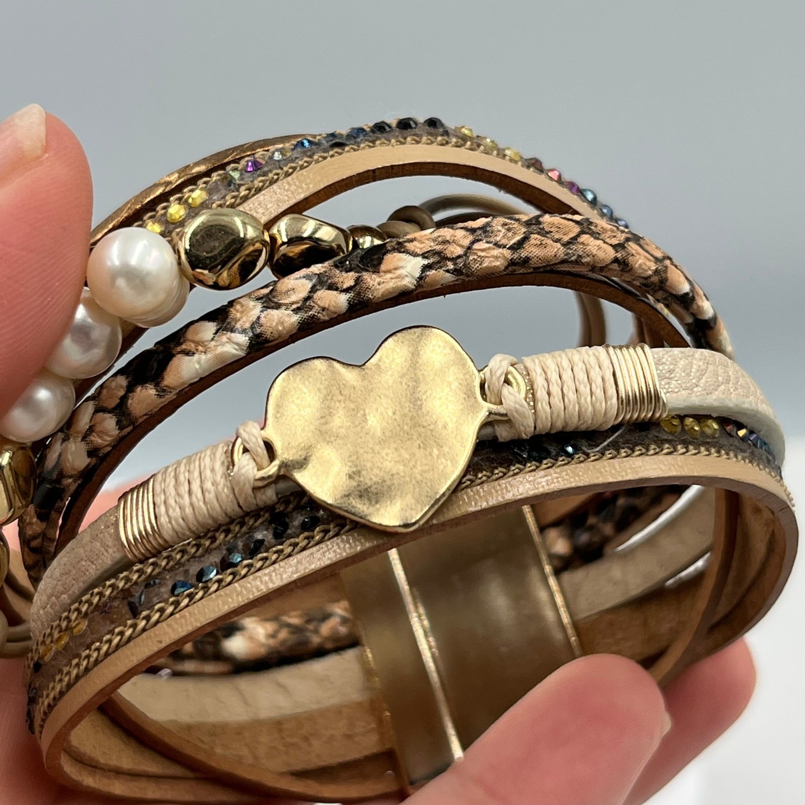 Vintage Multi-Strand Brown Leather Wrap Bracelet w/ Pearl Rhinestone Heart Charm