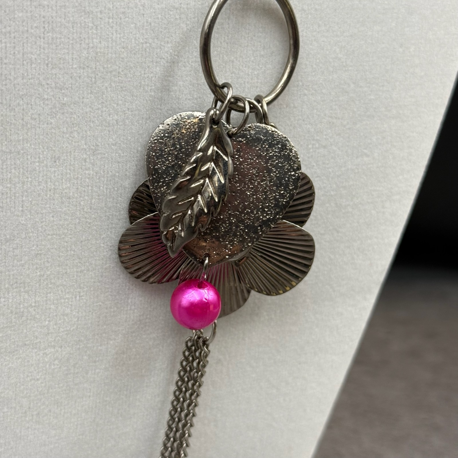 Vintage Gunmetal Tone Floral Flower Pink Bead Tassel Charms Drop Pendant