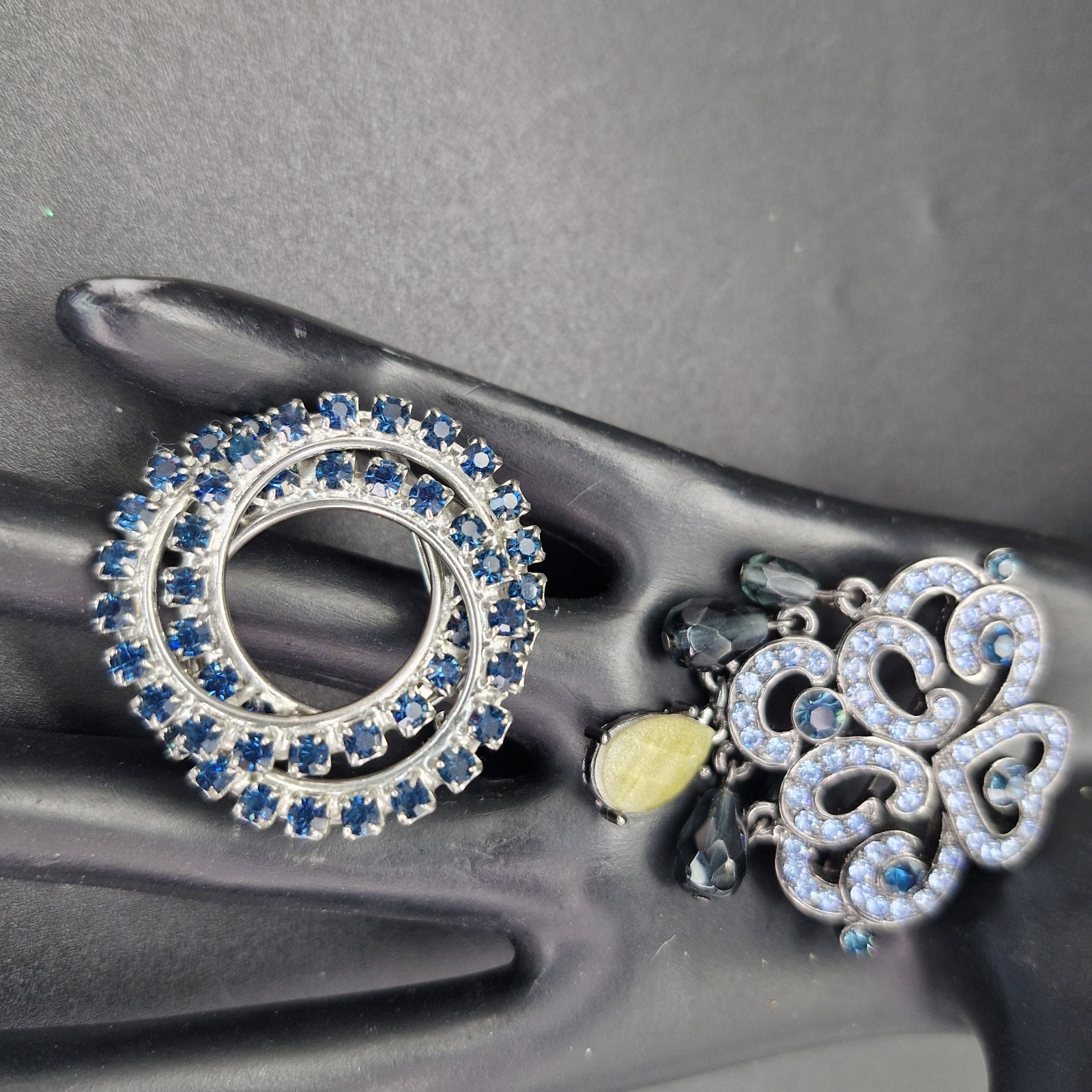 2 Vintage Silver Tone Sapphire Glass Rhinestone Brooches Deco Inspired 1.5-2″
