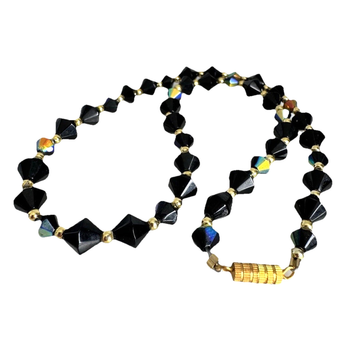 Vintage Bicone Cut Black Aurora Borealis Crystal Bead Gold Tone Accent Necklace