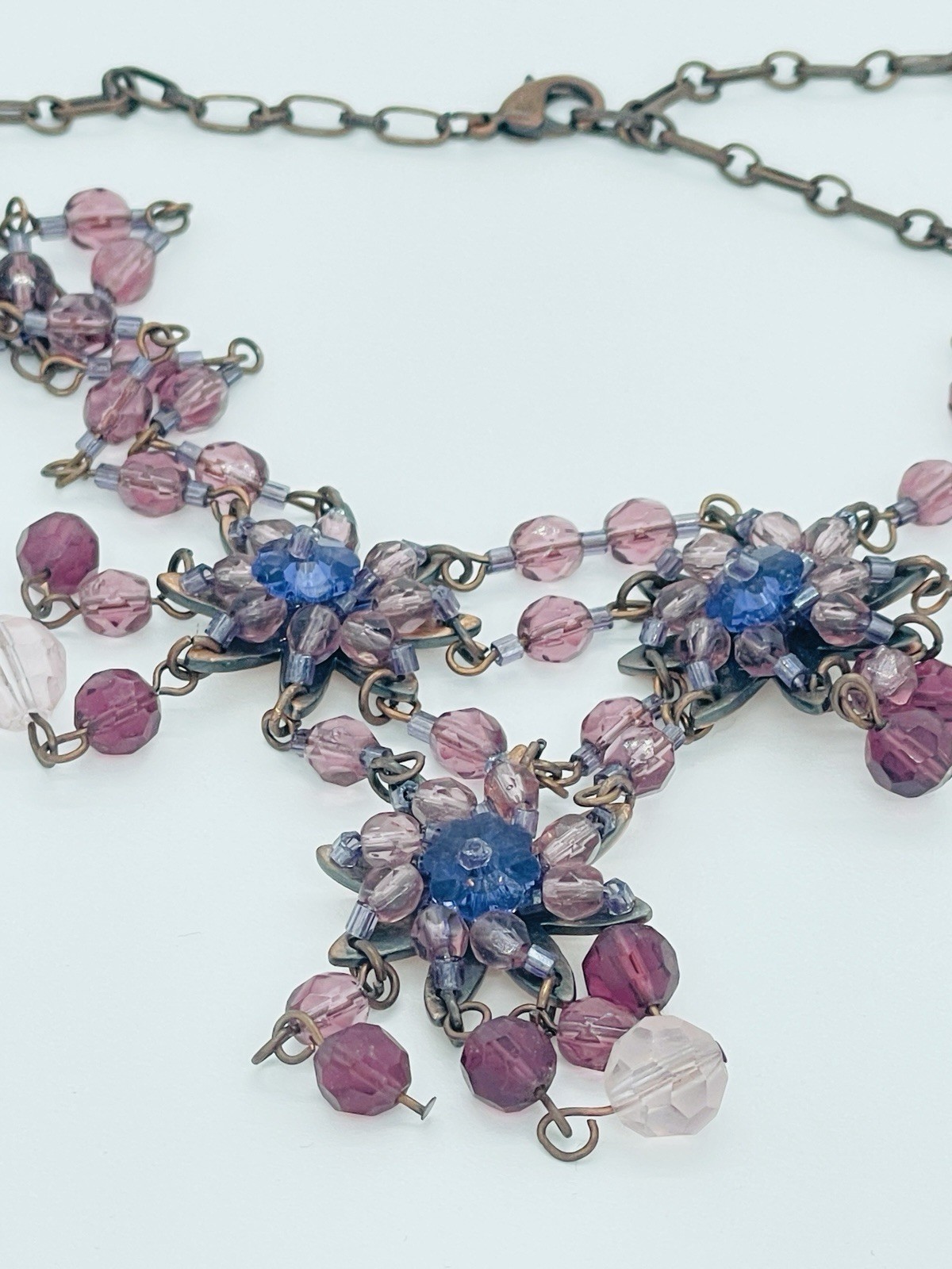 Whimsigoth Crystal Starburst Bib Necklace Purple Glass Drop Statement 18″