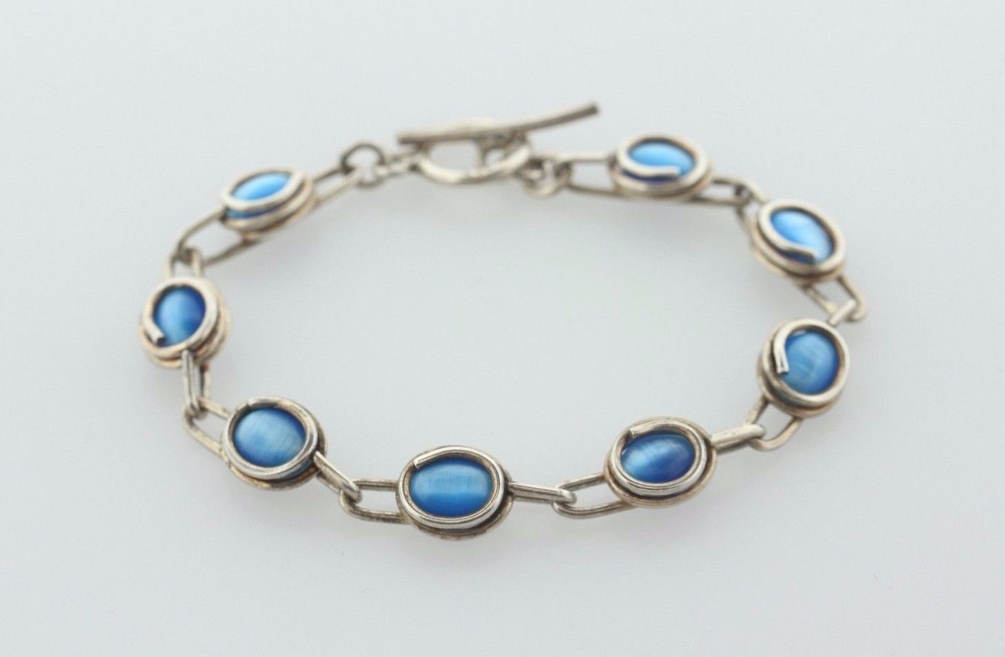 Sterling Silver 925 Wire Wrapped Oval Blue Tiger Eye Link Toggle Bracelet – 6.5″
