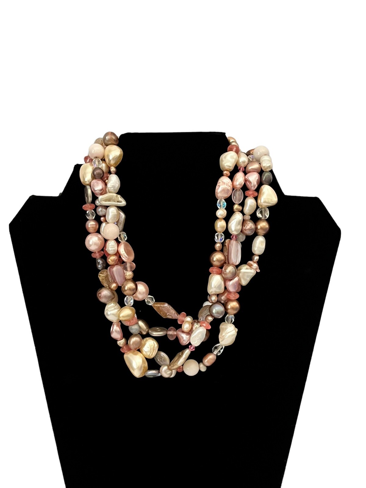 Vintage Faux Pearl Necklace 3 Strands Box Tab Clasp Made In India Pink Choker