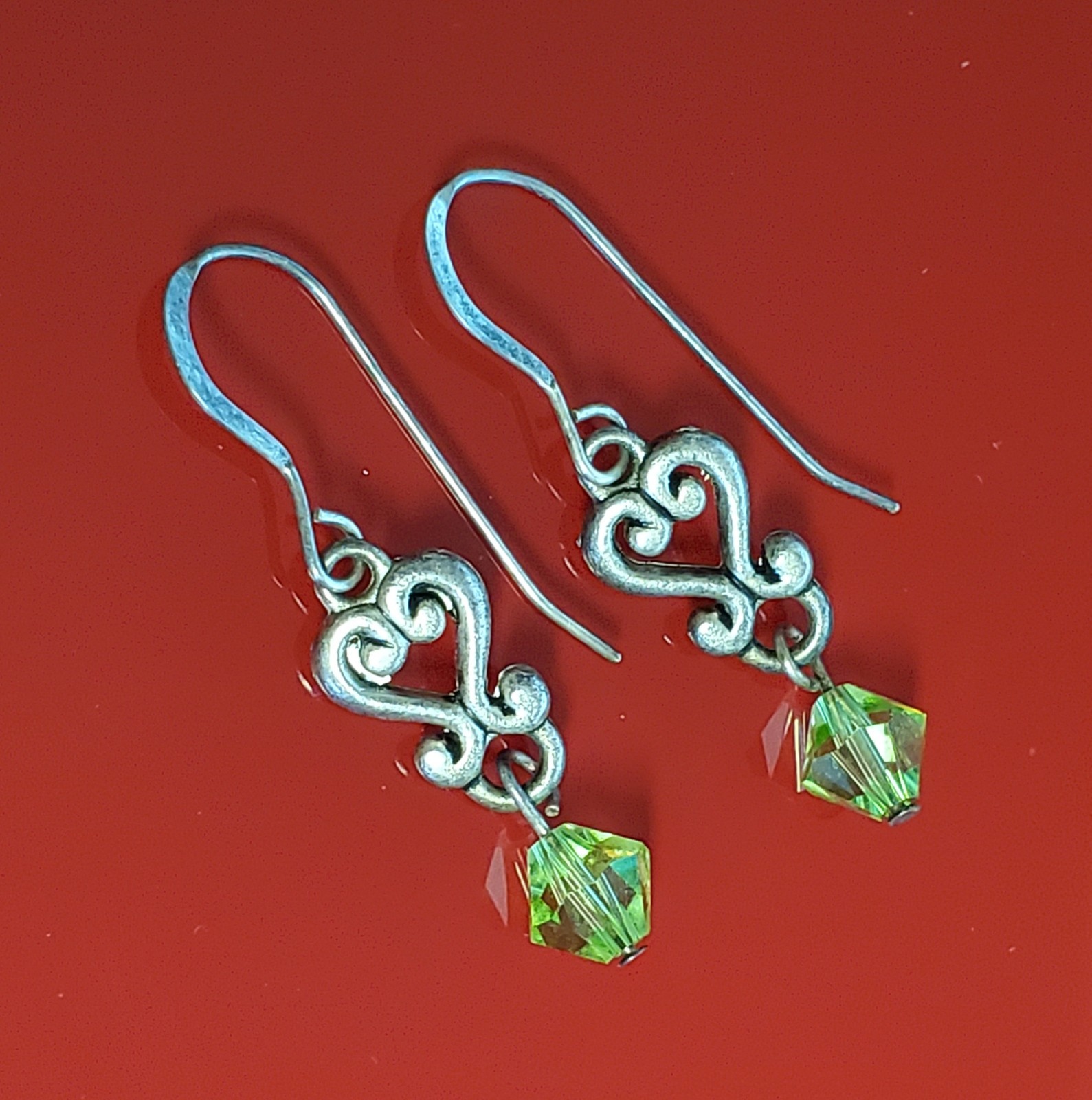 VTG 925 Green Bicone Crystal Earrings 1.25in Drop Sterling Silver Heart Scroll