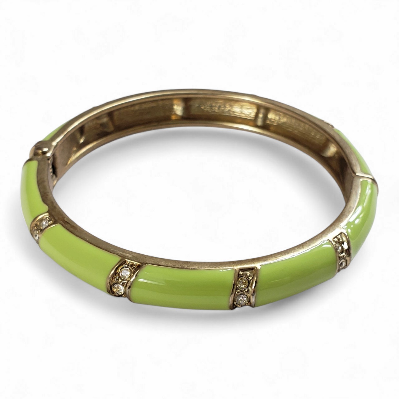 Vintage Glossy Lime Green Enamel & Clear Rhinestones Hinged Bangle Bracelet