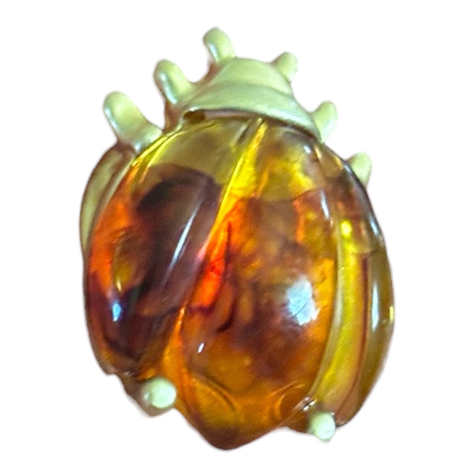 Honey Amber Ladybug Brooch & Pin Set Lucite Beetle Bug 80s Gold Tone