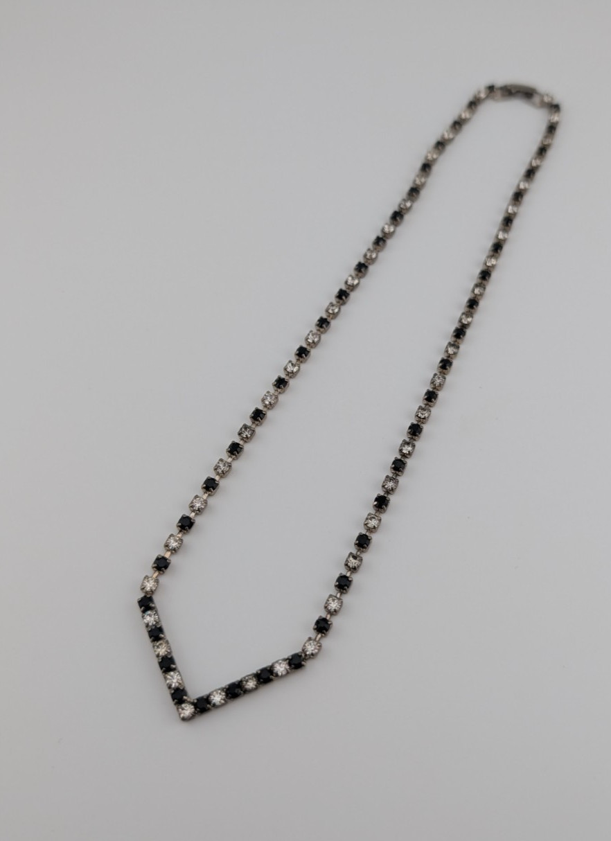 Vintage Silver Tone White & Black Glass Rhinestone V Point Necklace