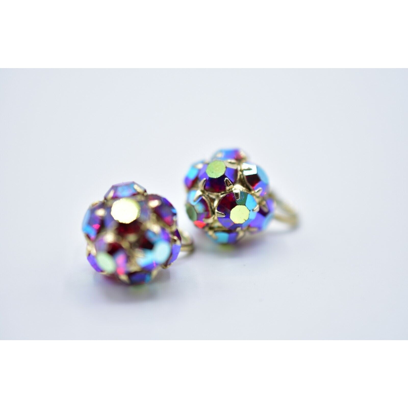 Kramer Vintage Crystal Clip On Earrings Red Aurora Borealis Signed 1950s Bin4