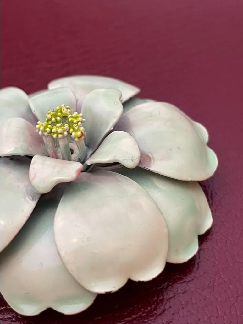 Vintage Enamel on Copper Floral Brooch Light Green 3D Poppy Flower Power 2.25″