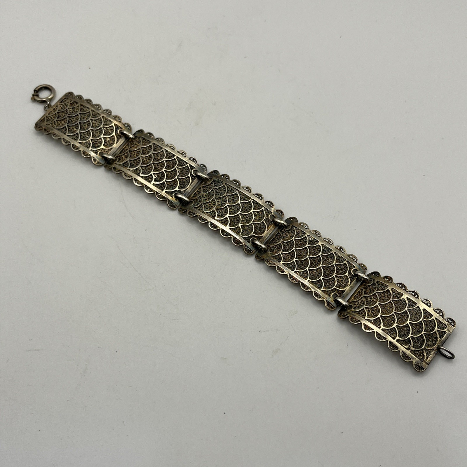 Vintage Sterling Silver Vermeil Filigree Panel Bracelet 19.2g Gold Wash 7″