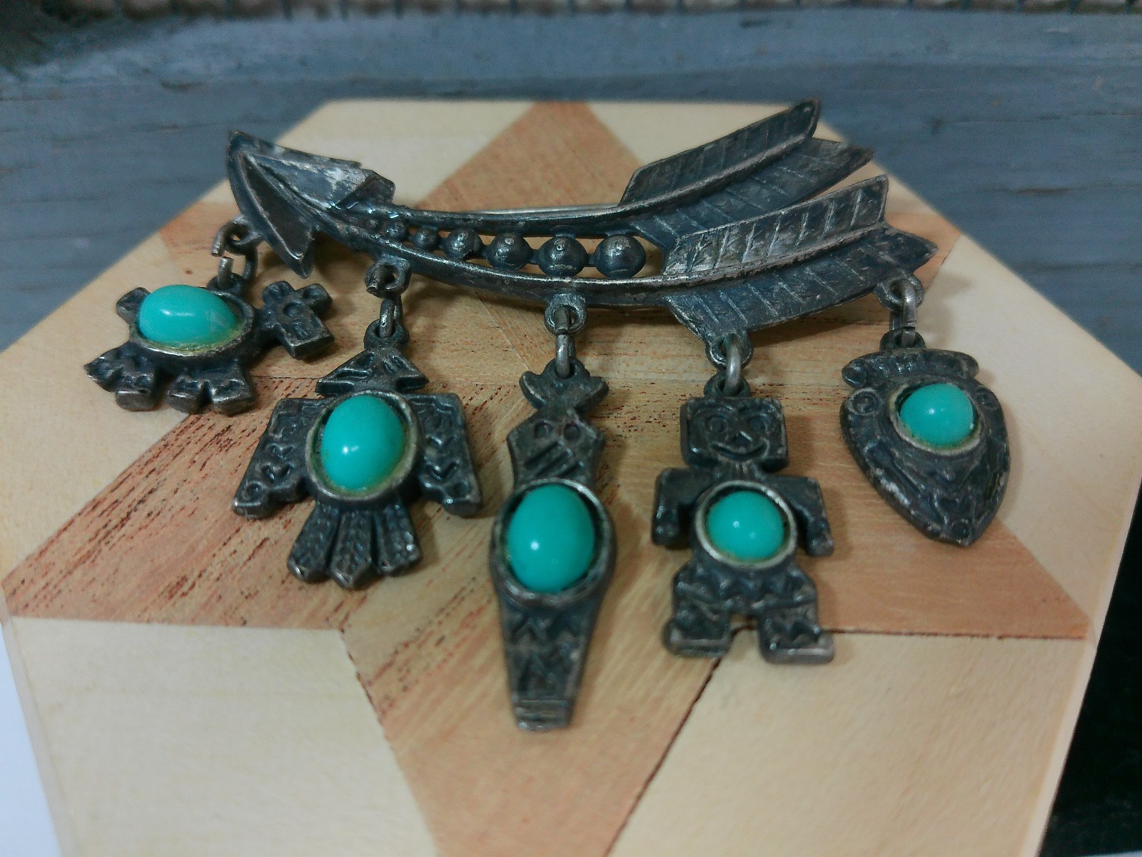 Vtg Native Symbol Faux Turquoise Stone ARROW Eagle Bird Horse Charm Pin Brooch