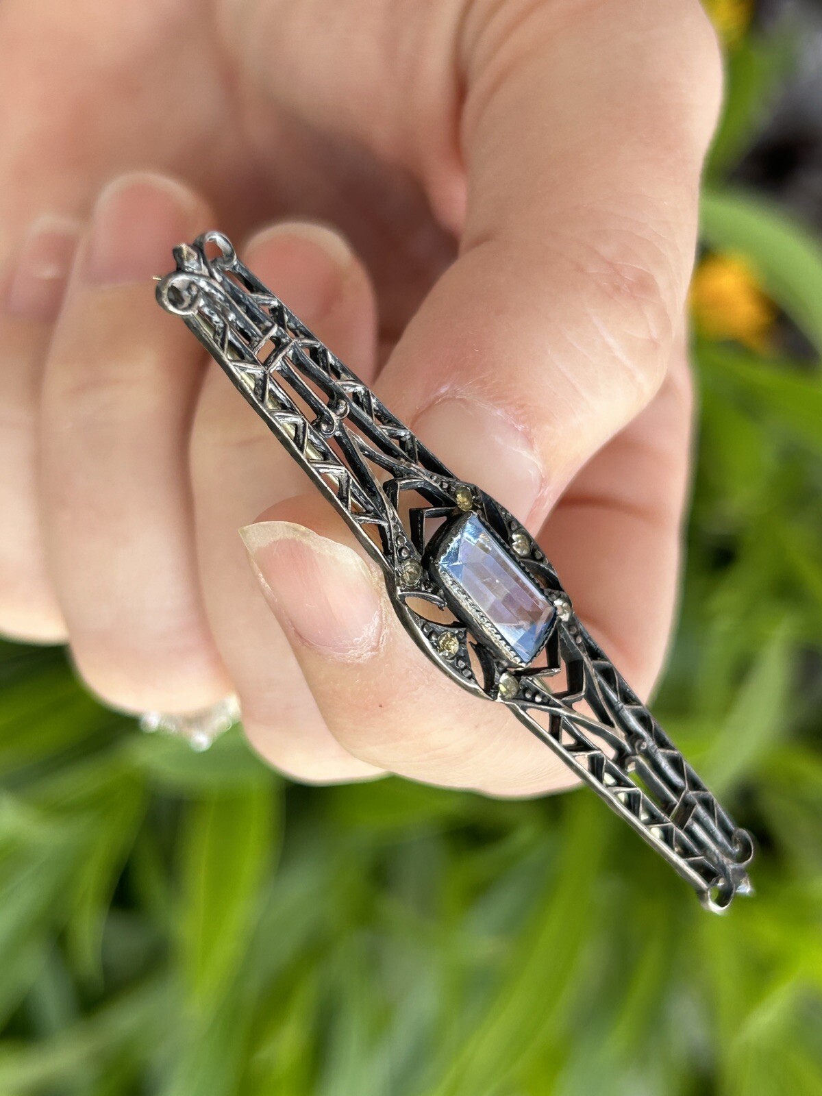 Antique Sterling Silver ART DECO Open Work Bar Brooch Blue Iolite ? & Glass