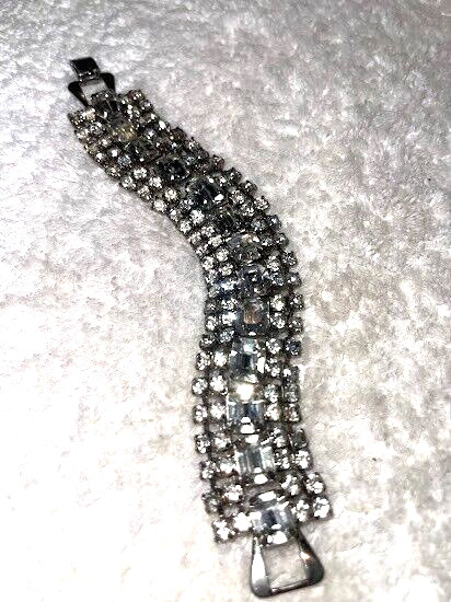 Vintage Emerald Cut and Round Rhinestone Bracelet, Five Row, Unsigned