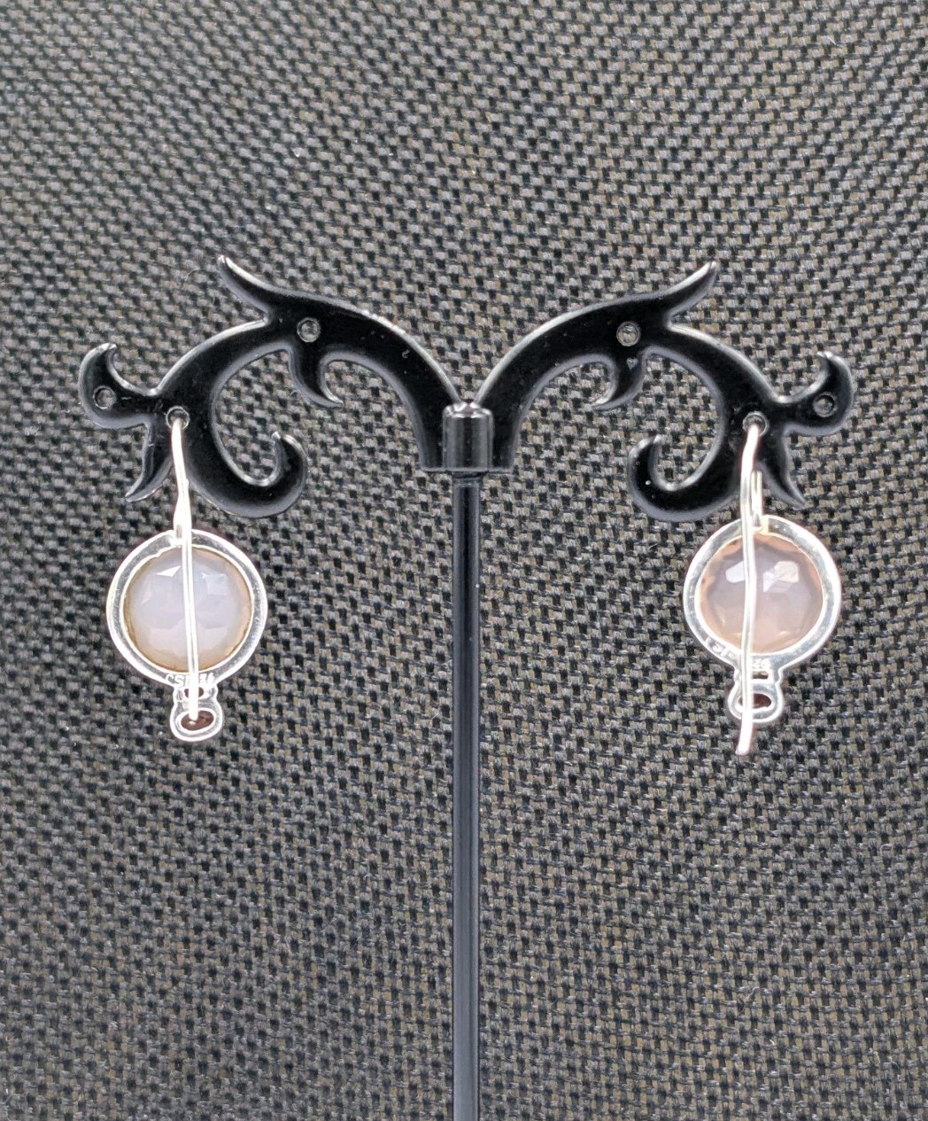 ISJ Vtg Sterling Silver Round Rose Quartz & Oval Garnet Hook Dangle 925 Earrings