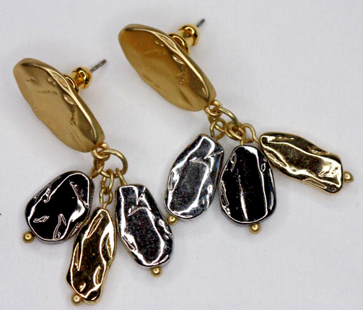Hammered Tri-Tone Gold Silver Hematite Dangle Drop Beaded Pierced Post Earrings