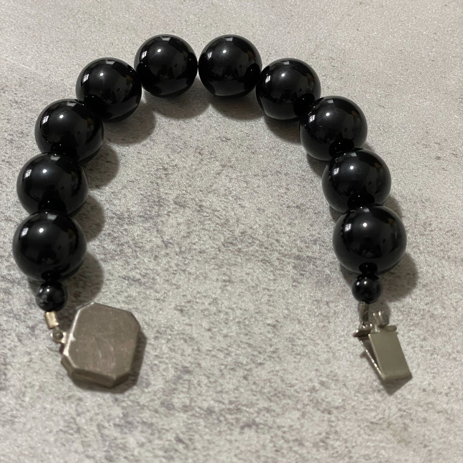 Vintage Sterling Silver Square Clasp Black Onyx Polished Bead Bracelet 6″ Small