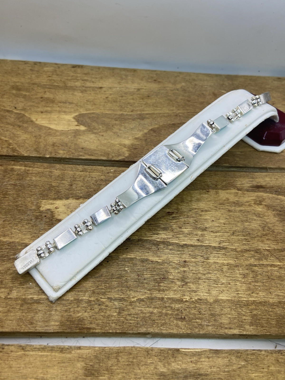 Vintage 1980s Mexico Mosaic Inlaid Art Glass Silver Tone Bracelet 7″
