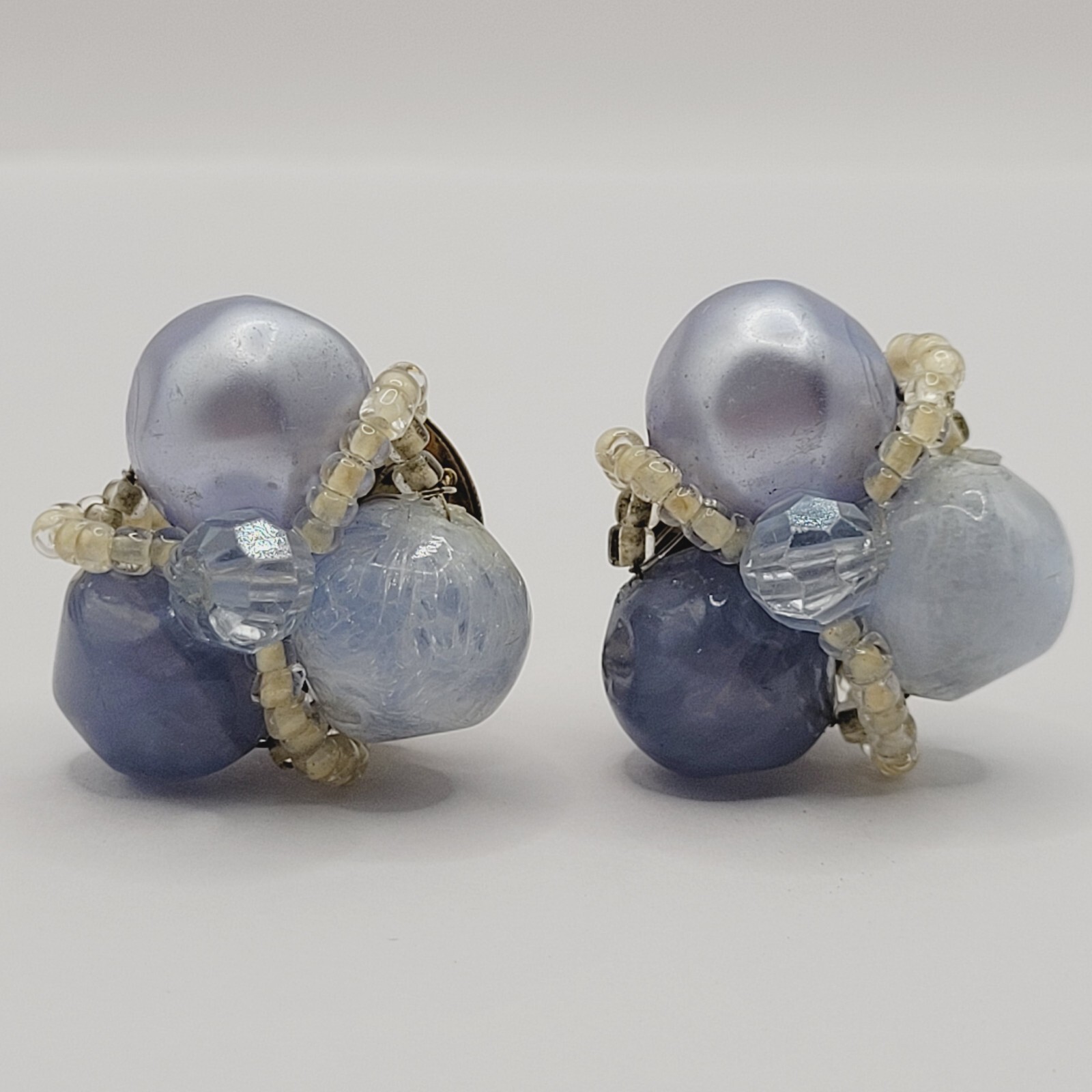 Blue Tones Lucite and Seed Bead Cluster Clip On Earrings 1950s 1960s W Germany