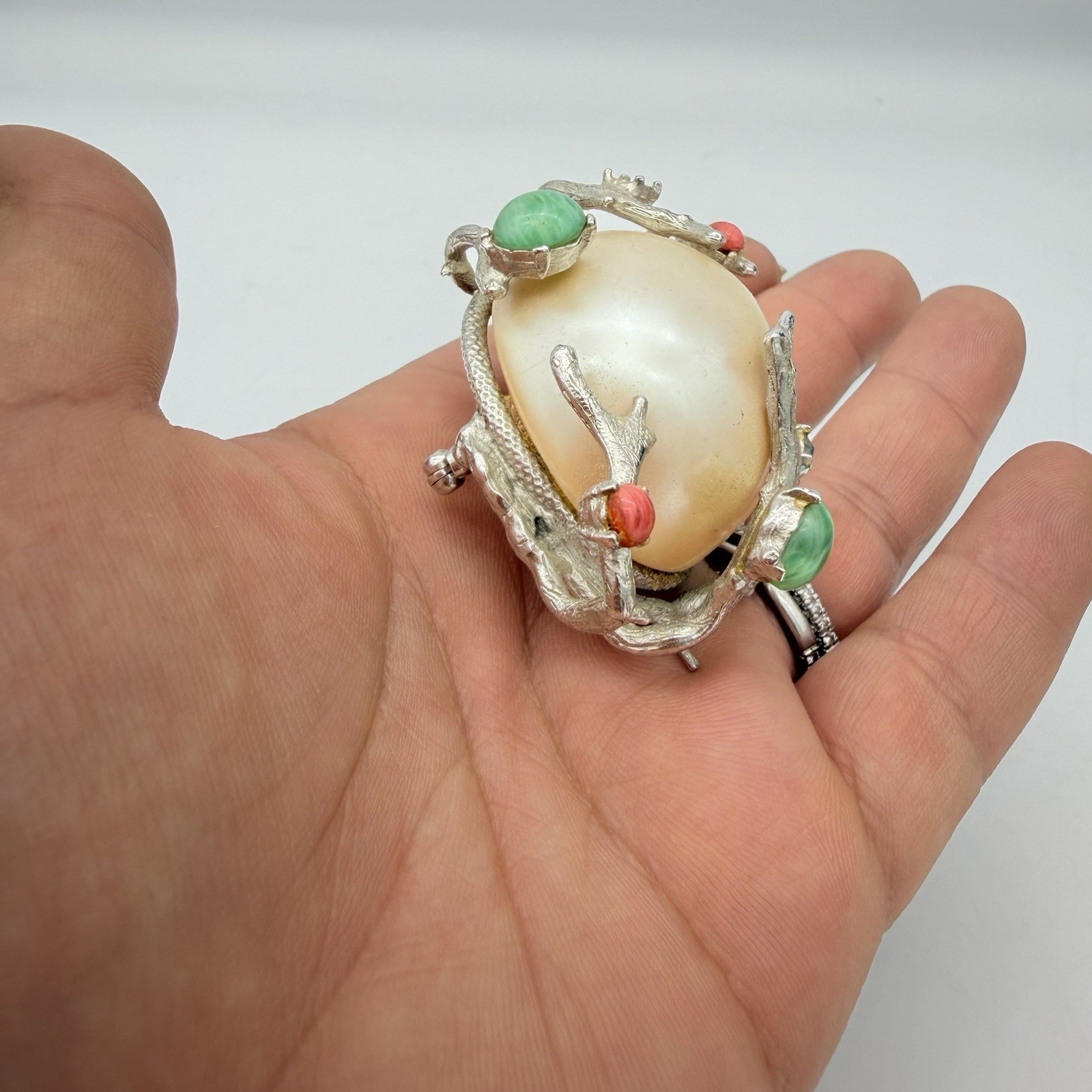 Vtg Huge Faux Pearl Pin Brooch Green Coral Cabochon Branches Rare Estate Read