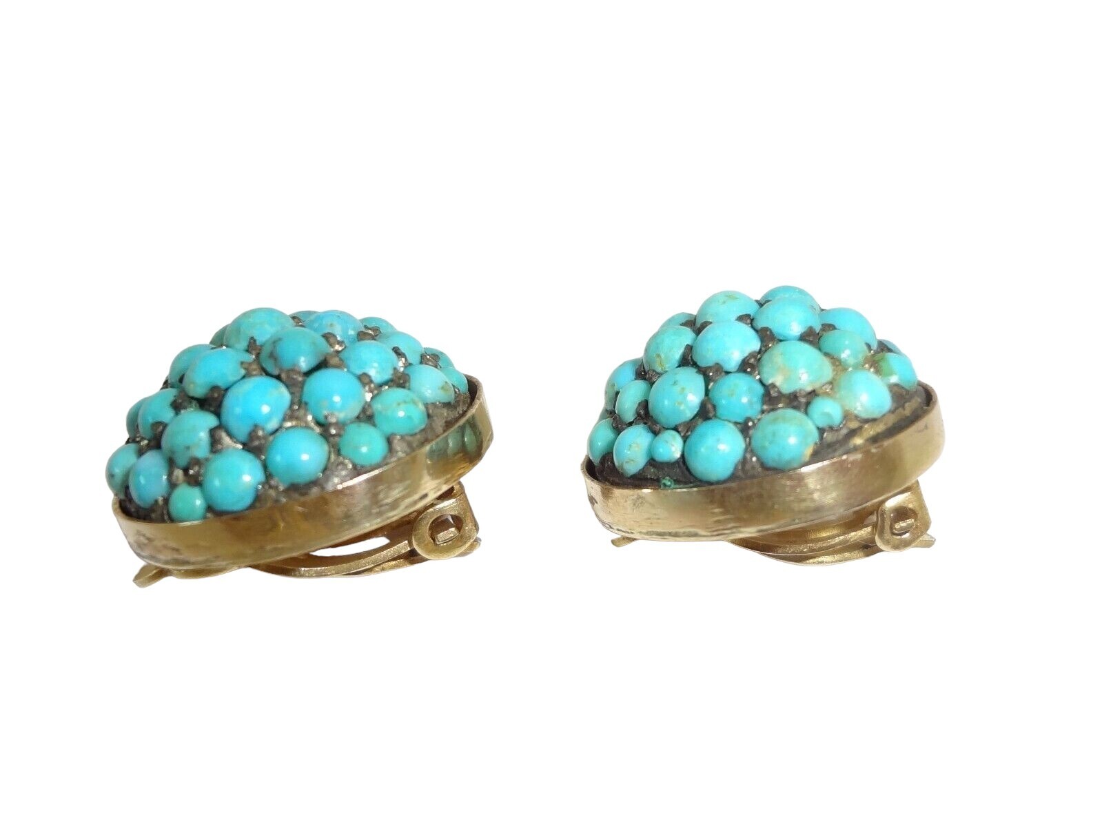 Antique 14K Gold Persian Turquoise Cluster Round Clip Earrings 18.2 Grams!