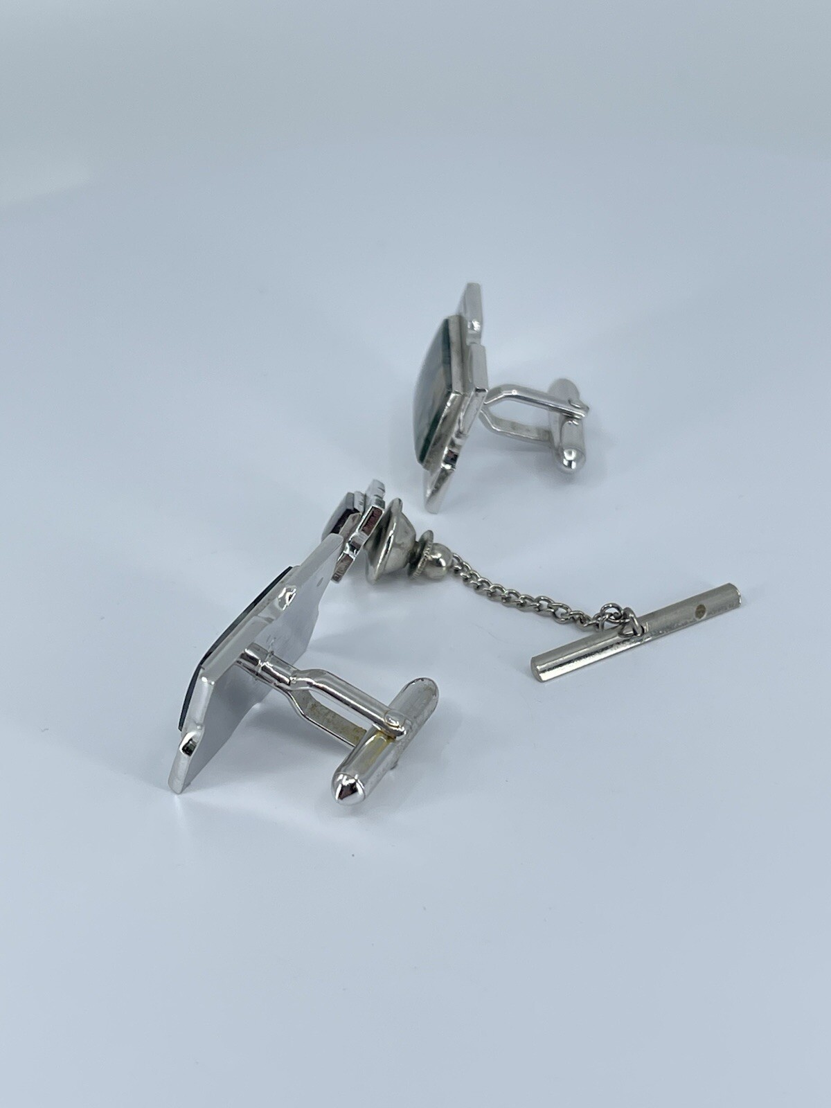 Swank Cufflink and Tie Tack set Jadeite rectangle silver tone 3/4″