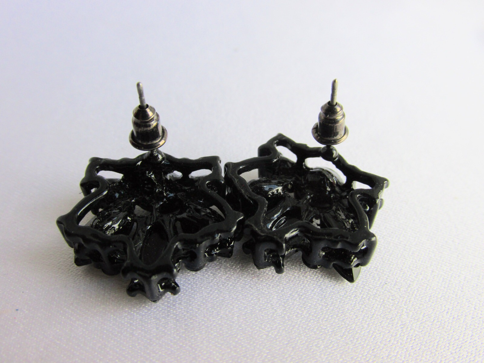 Vintage Black Rhinestone Pierced Earrings Black Enamel Finish