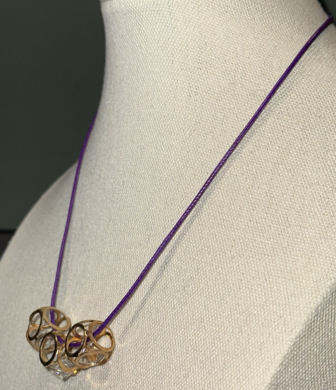 Vintage 1970’s Goldtone & Glass Gem 3 Cube Pendant On Purple Cord Necklace