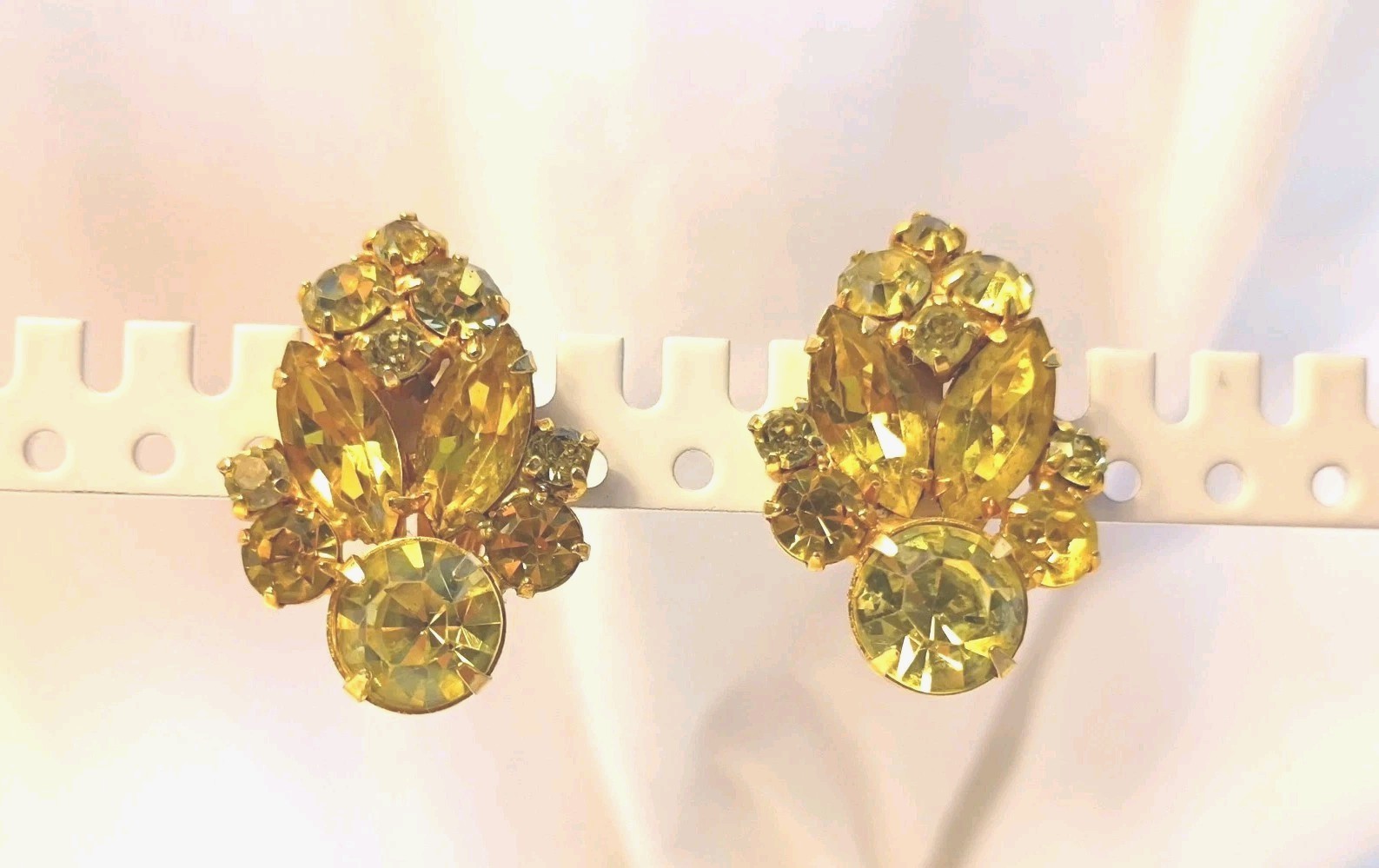 La Roco Rhinestone Vintage Clip Earrings Yellow w Gold Filled Metal