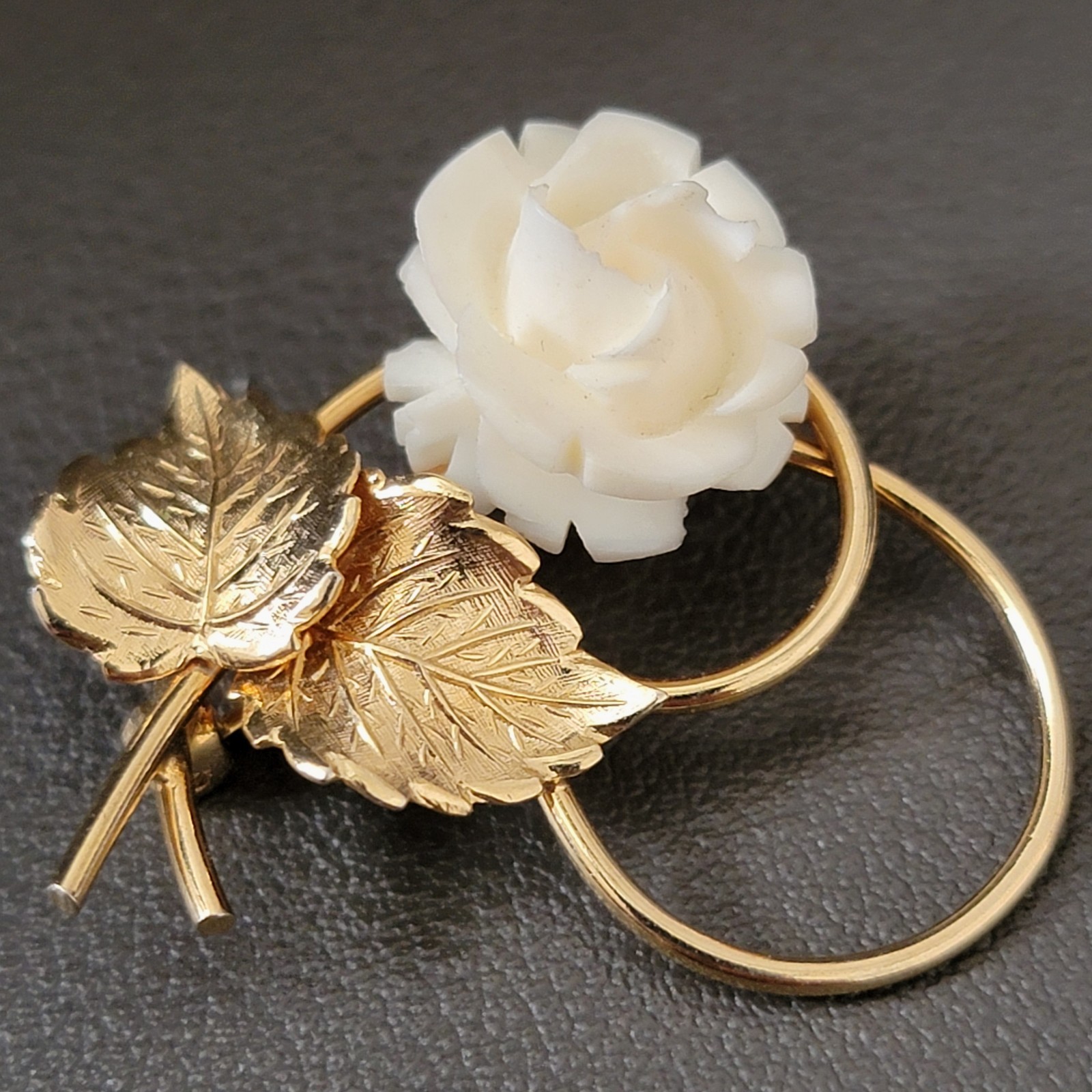 Vintage 1/20 12K Gold Filled Carved Rose Flower Leaf Brooch Pin Signed GF AC
