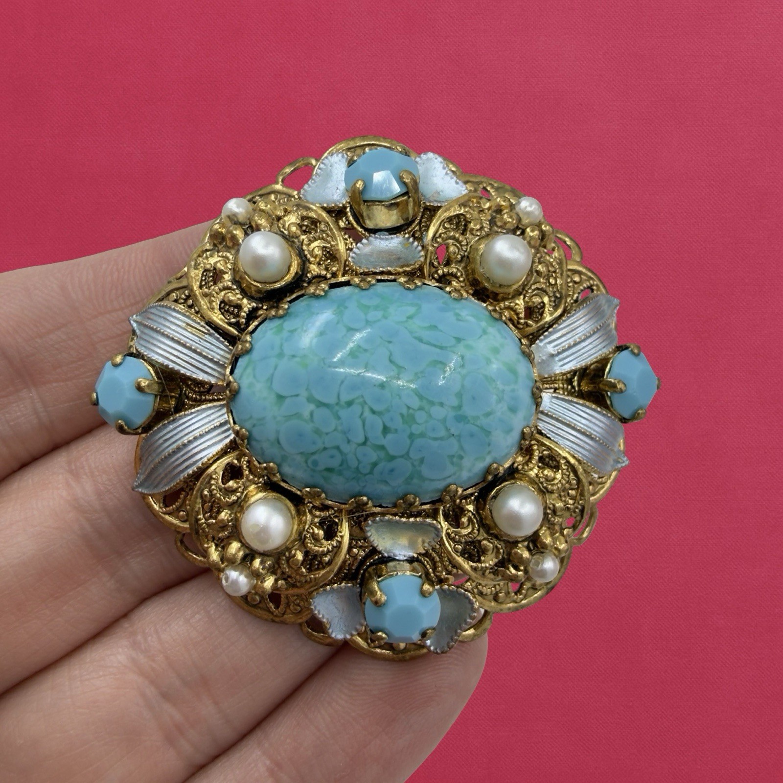 Vintage SIGNED 🖤 Western W Germany 🖤 Gold FILIGREE Turquoise Enamel BROOCH PIN
