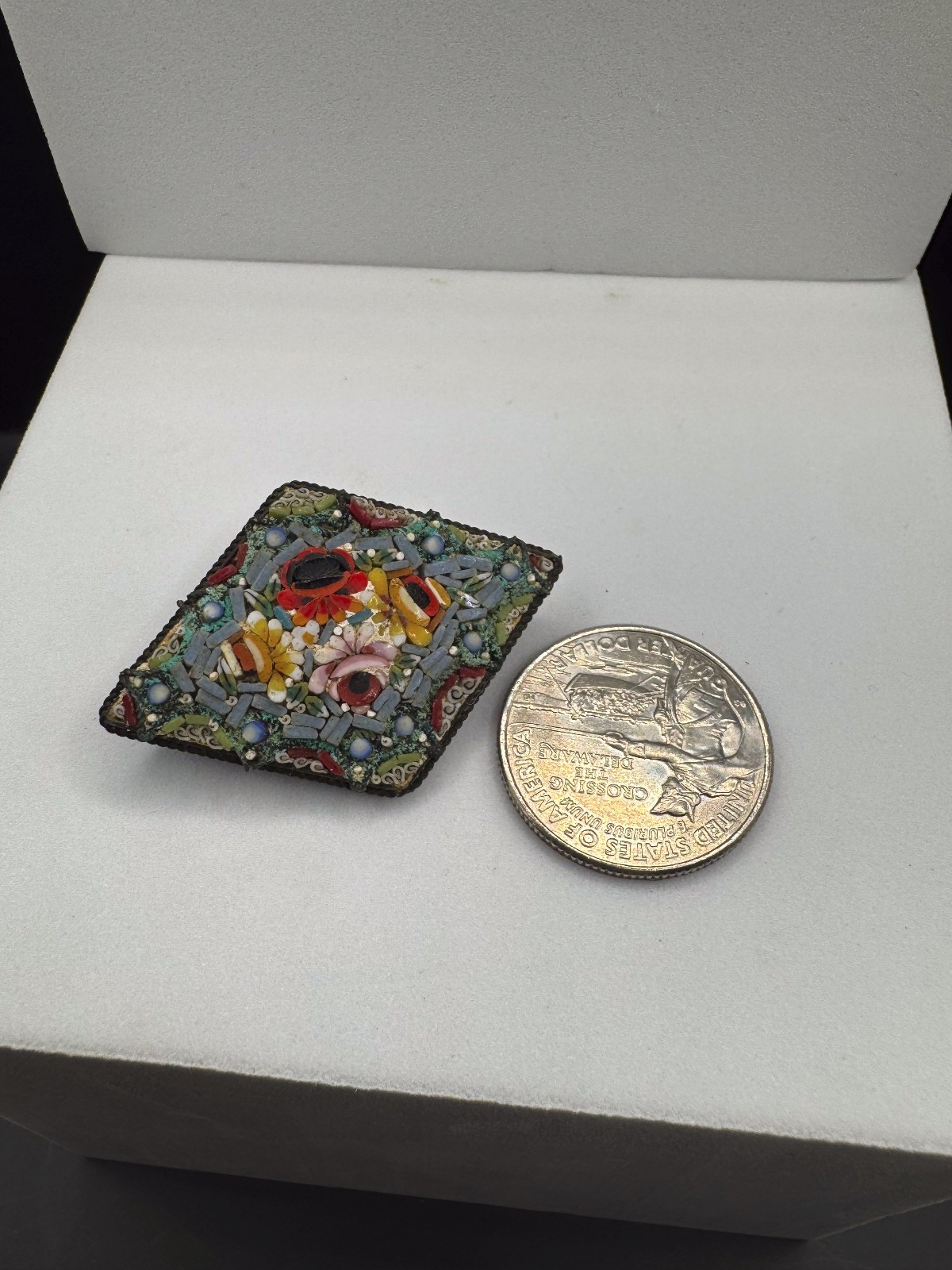 Vintage Italian Micro Mosaic Floral Brooch Pin Diamond Lozenge Glass Tile Italy