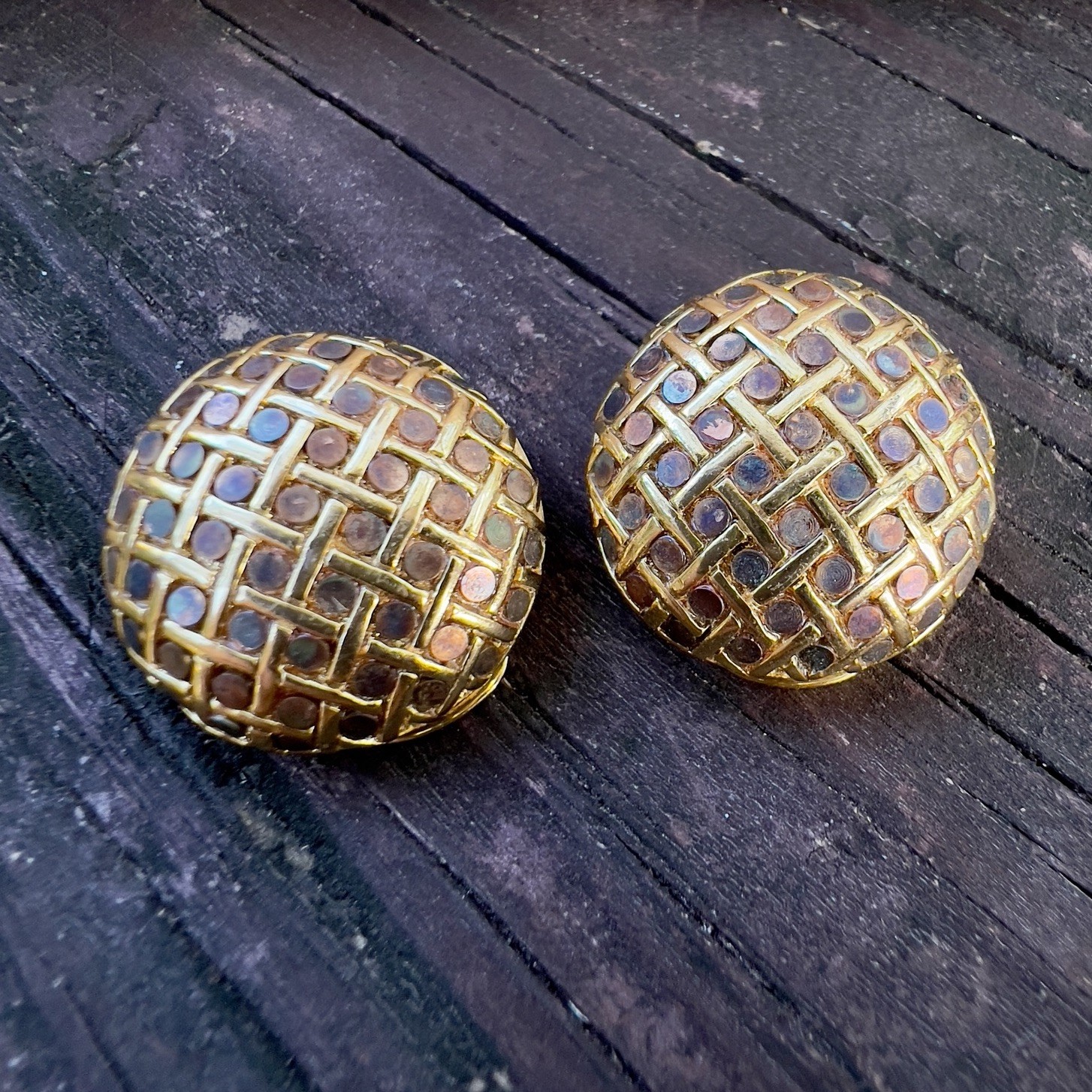 Vintage Orena Paris Woven Iridescent Gold Tone Button Clip Earrings Signed