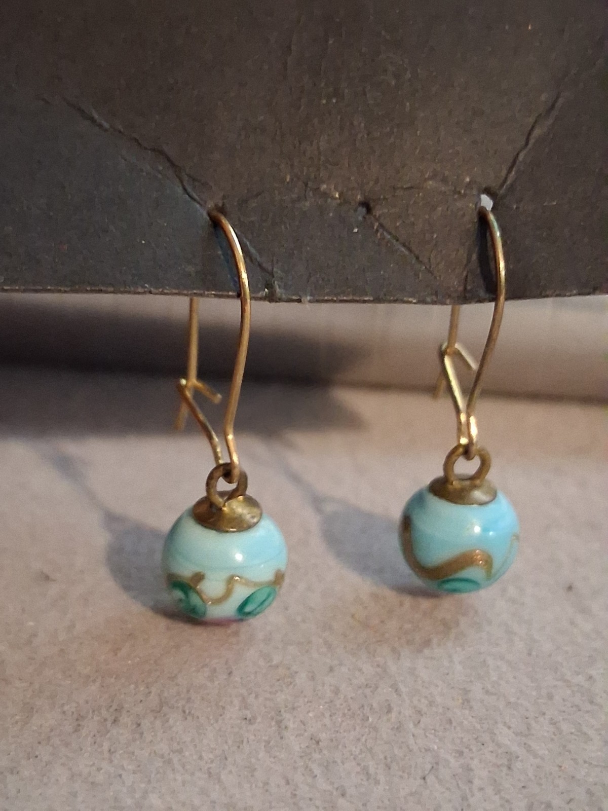 Turquoise blue lampwork bead dangle drop earrings w/pink flower, gold-plate earw