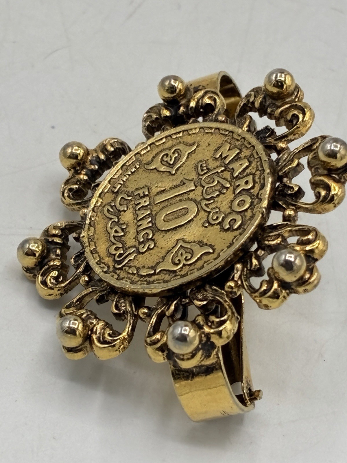 Moroccan 10 Francs Coin Scarf Clip Gold Tone Filigree Vintage Morocco