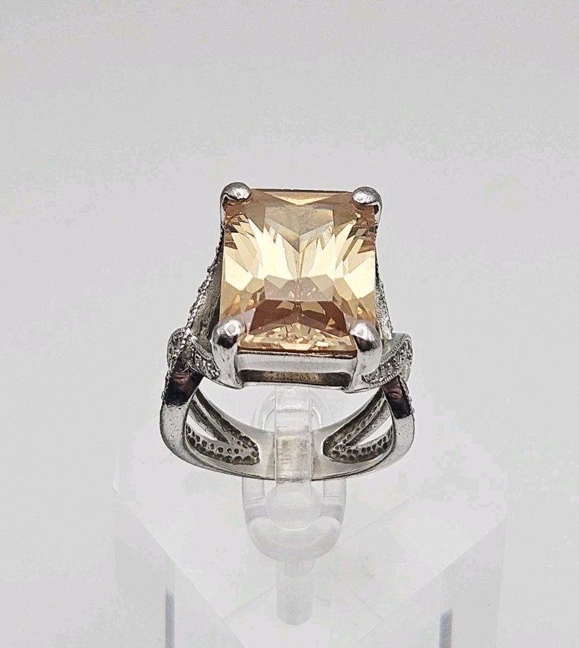 Sterling Silver Vintage 12.14ct Citrine & CZ Statement Ring Size 8