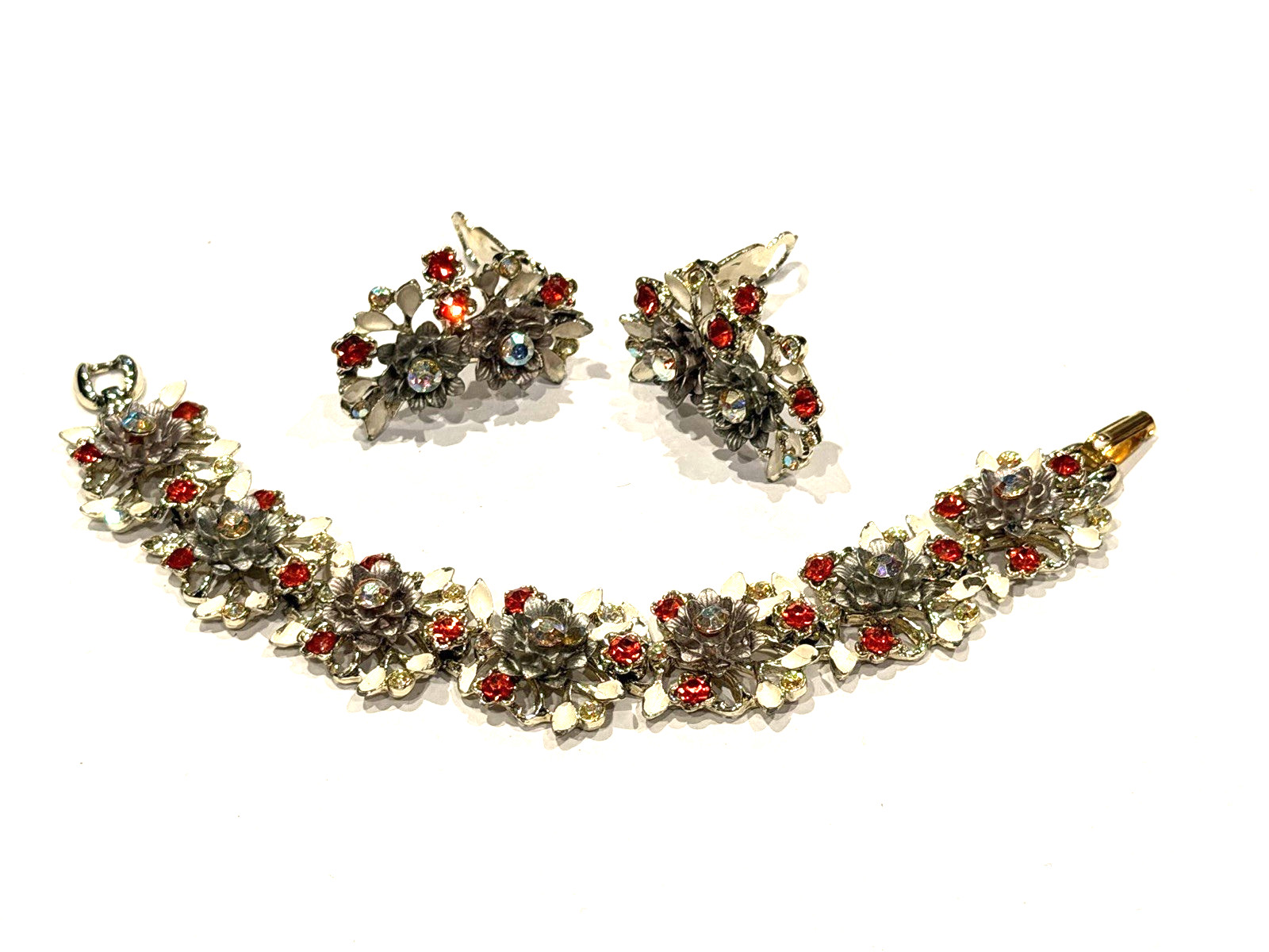 BSK MCM FLORAL ENAMEL RHINESTONE NECKLACE BRACELET CLIP EARRINGS PARURE SET LOT