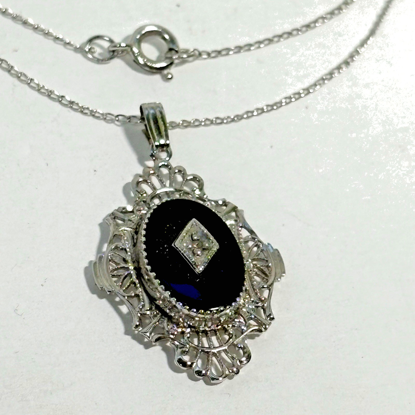 VTG Art Deco Black Onyx Diamond Filigree Pendant Necklace Sterling Silver 18″