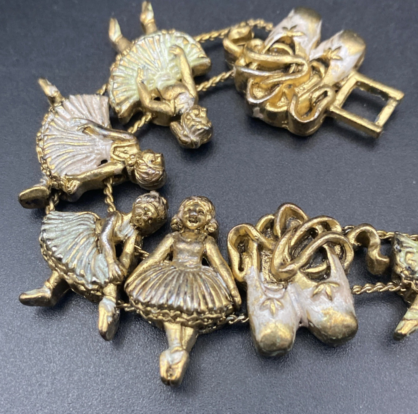 Vtg Ballerina Slide Charm Bracelet Ballet Dance Slippers Silver Wash Gold Tone