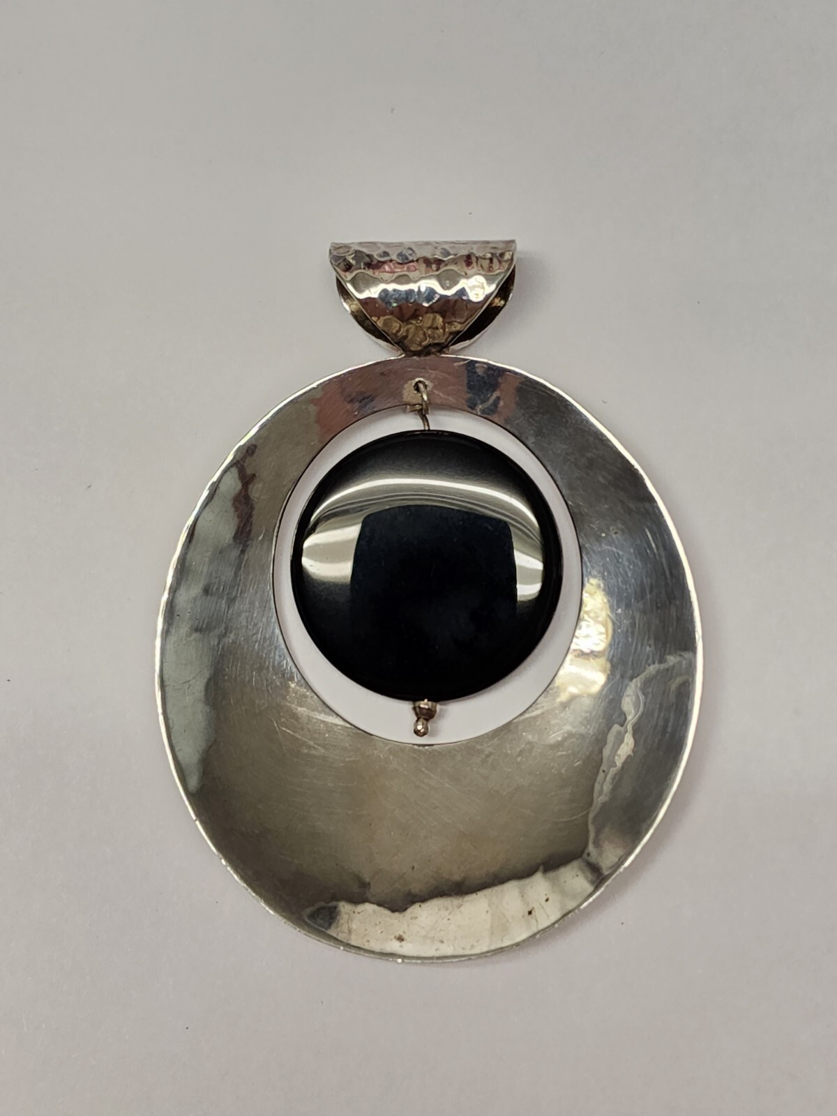 Large Dominique Dinouart 925 Silver Pendant Hammered Onyx Dangle Accent Vintage