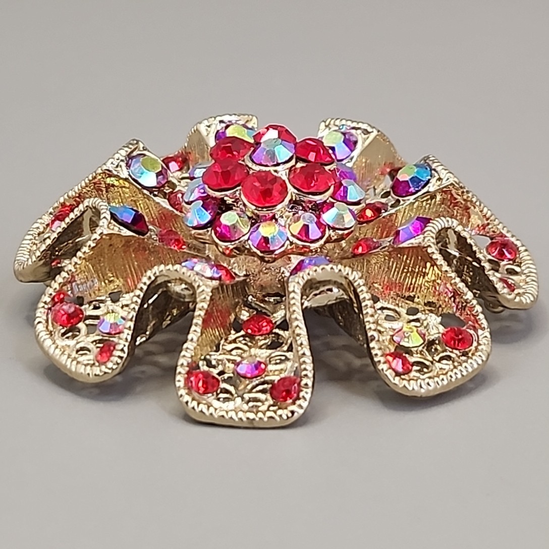 Vintage Rhinestone Brooch AB Red Bead Gold Tone Round Ruffle Wavy 2 1/8″