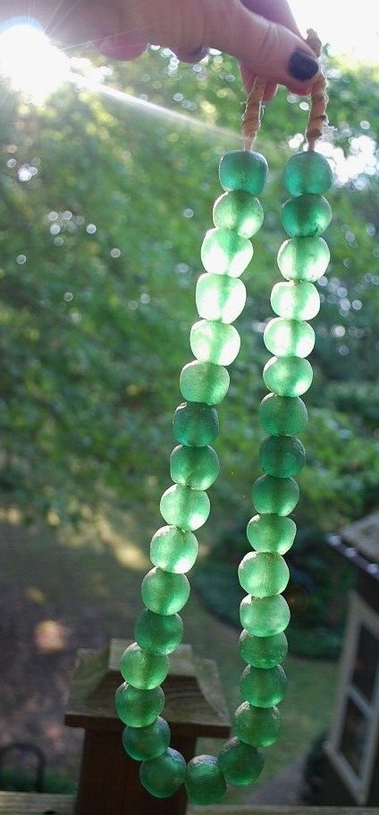 HUGE Recycled SEA GLASS STATEMENT NECKLACE Matte Green 23mm AFRICAN TRADE BEADS