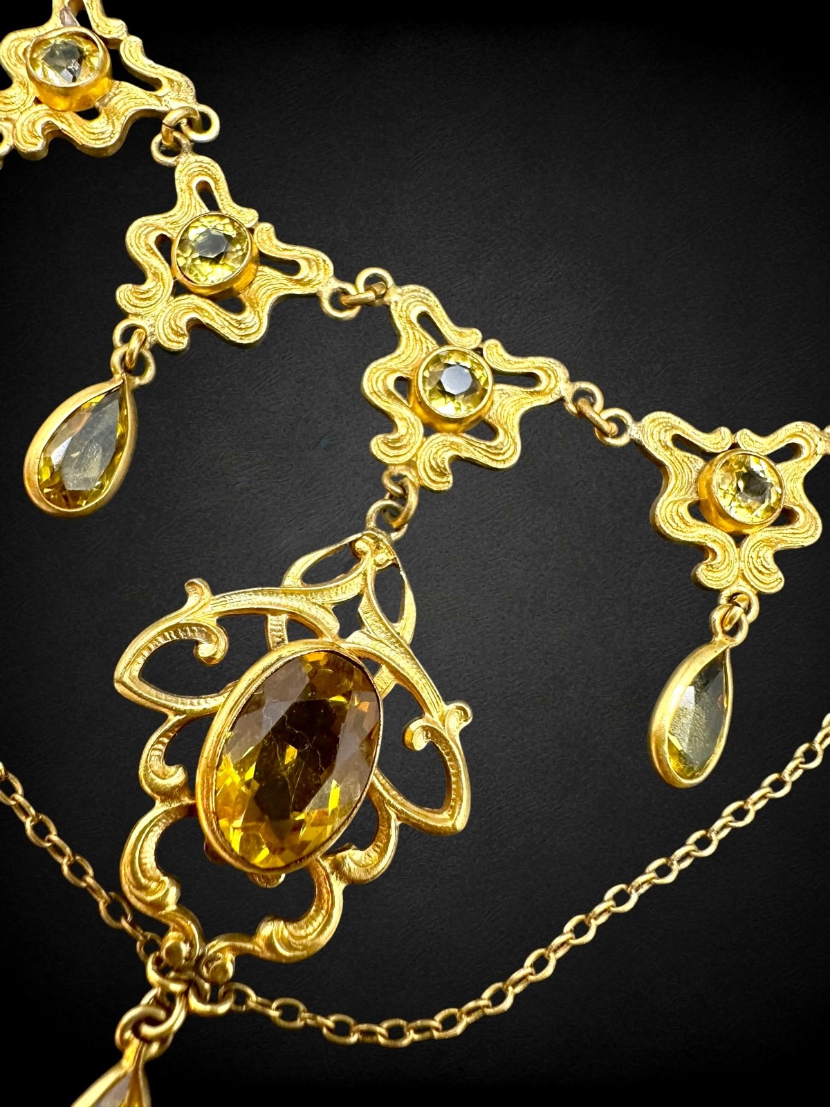 Antique Art Nouveau Goldtone Citrine Glass Festoon Choker Pendant Necklace