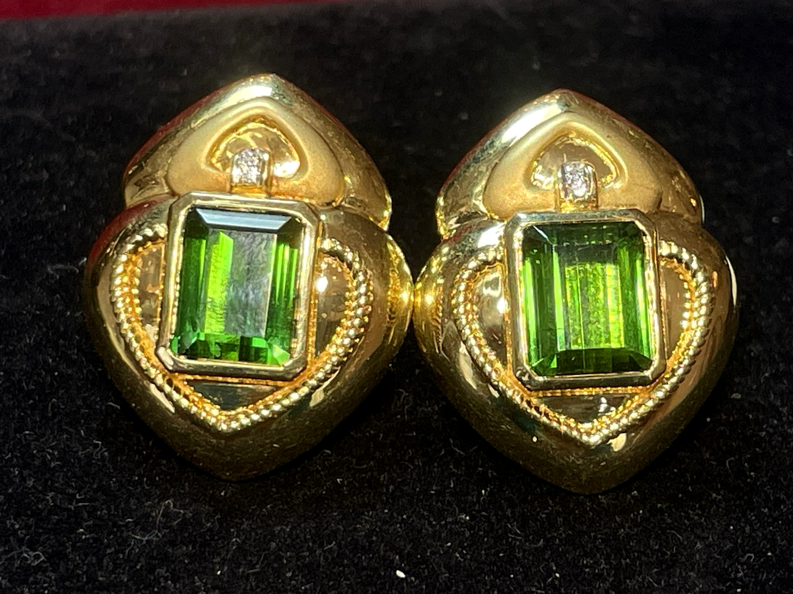 18K GOLD GREEN TOURMALINE & DIAMOND EARRINGS SIGNED OMEGA 23grs APPRAISAL $5,000