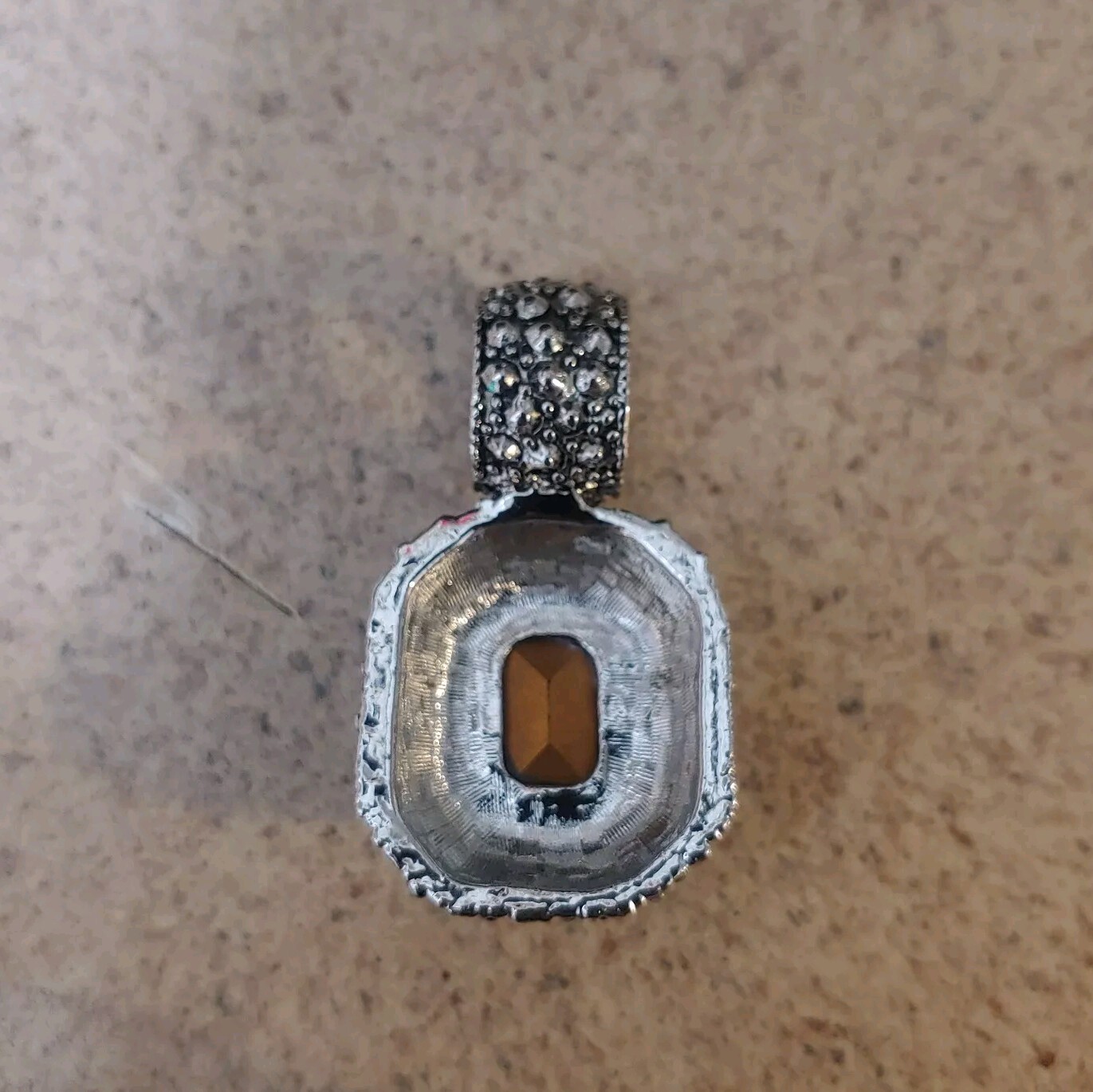 Emerald Cut Purple Glass Stone Pendant Silver tone Gold Accent Pearl Enhancer