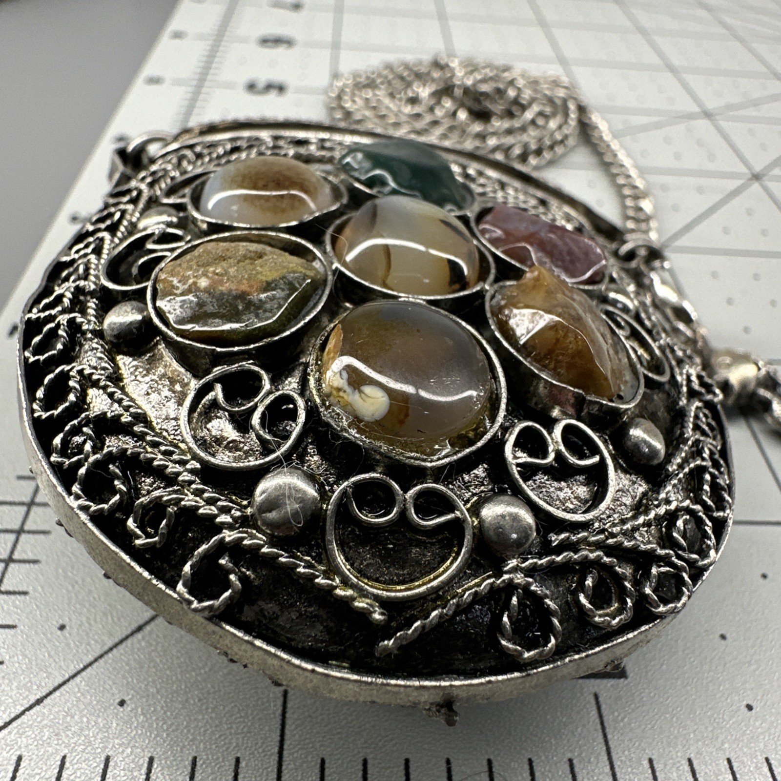 Vintage Small Silver-tone Sajai Metal Purse Necklace Agate Gemstones Tether Lid