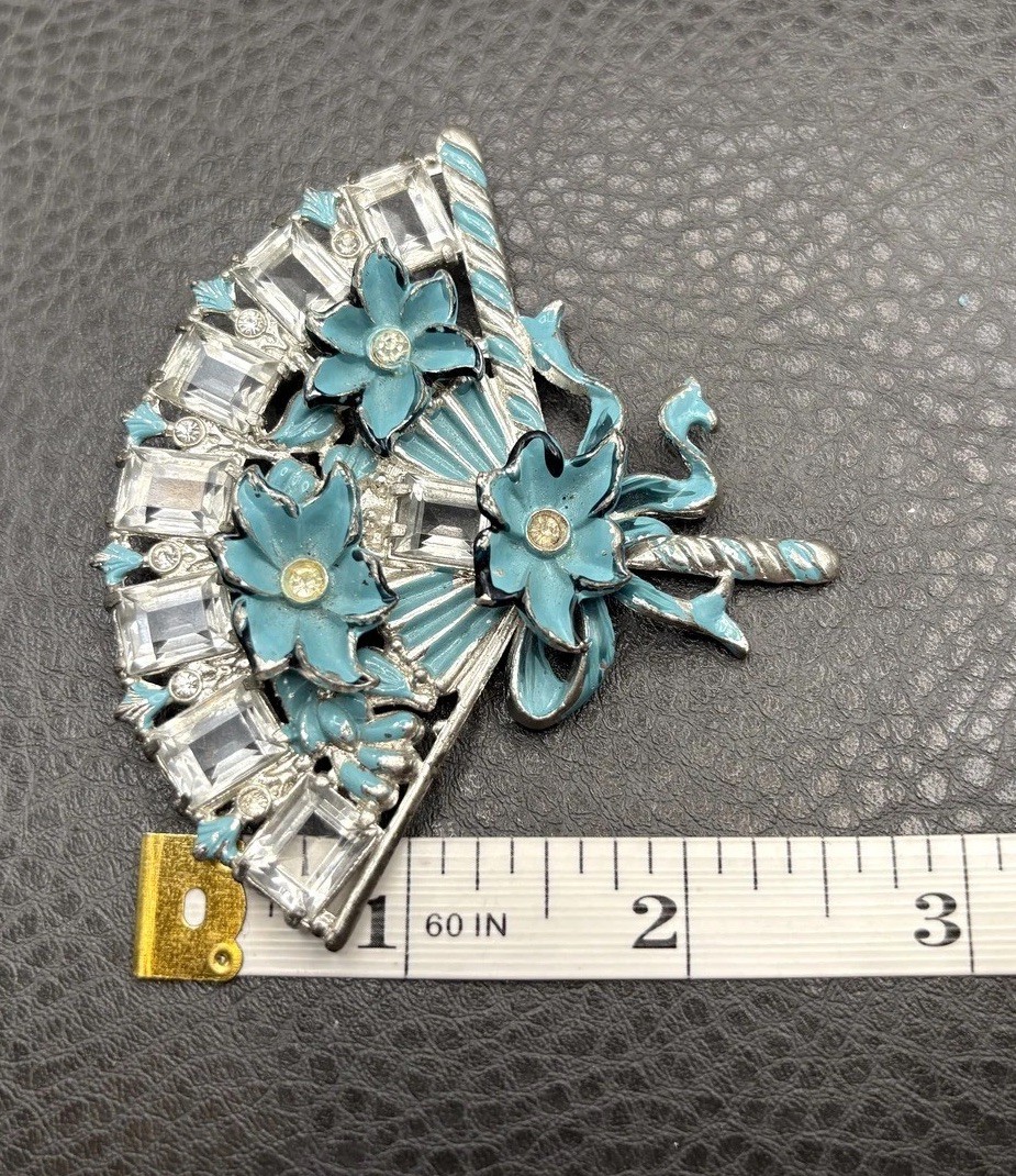 Vintage HUGE Deco Pot Metal Blue Enamel Flower Fan Ribbon Brooch Pin