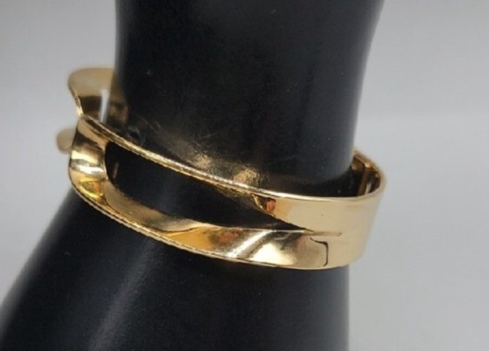 Vintage Crown Trifari Hinged Cuff Bracelet Gold Tone Modern Open Design 1960s