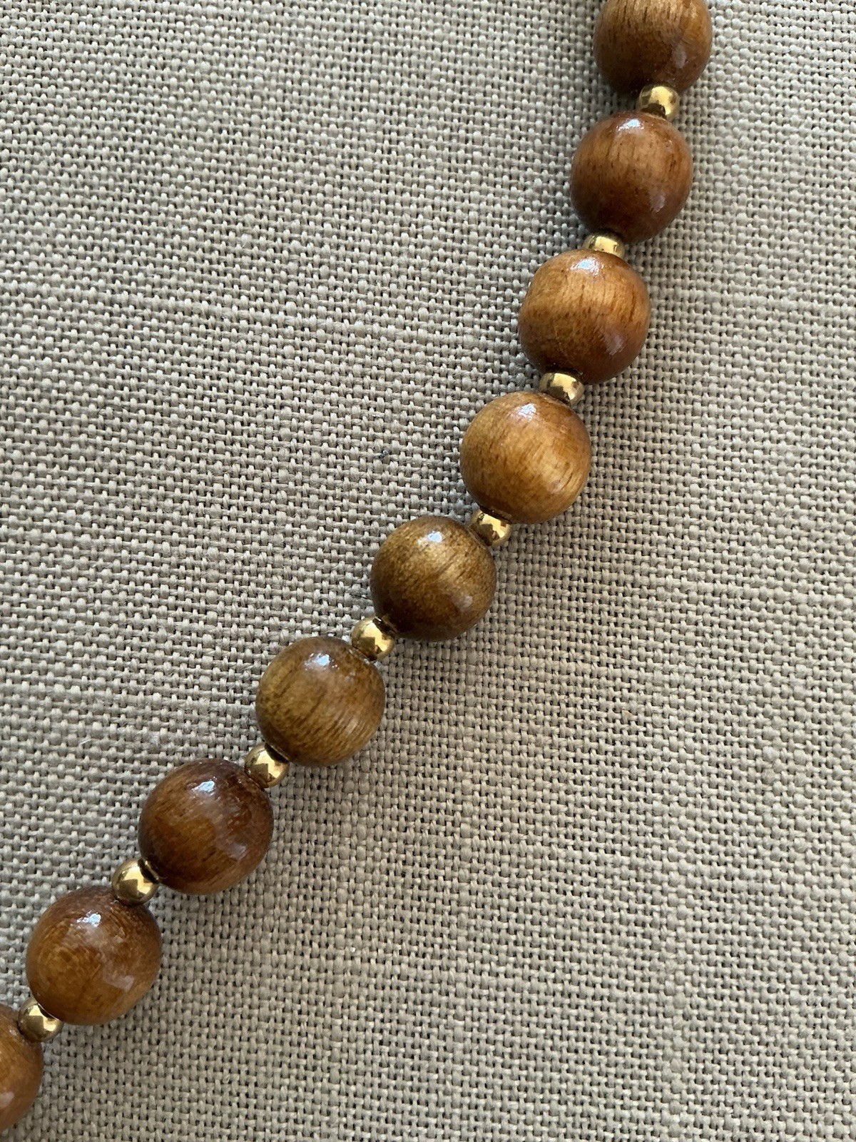 Vintage Wood And Gold Tone Beaded Necklace Fish Hook Clasp 23”