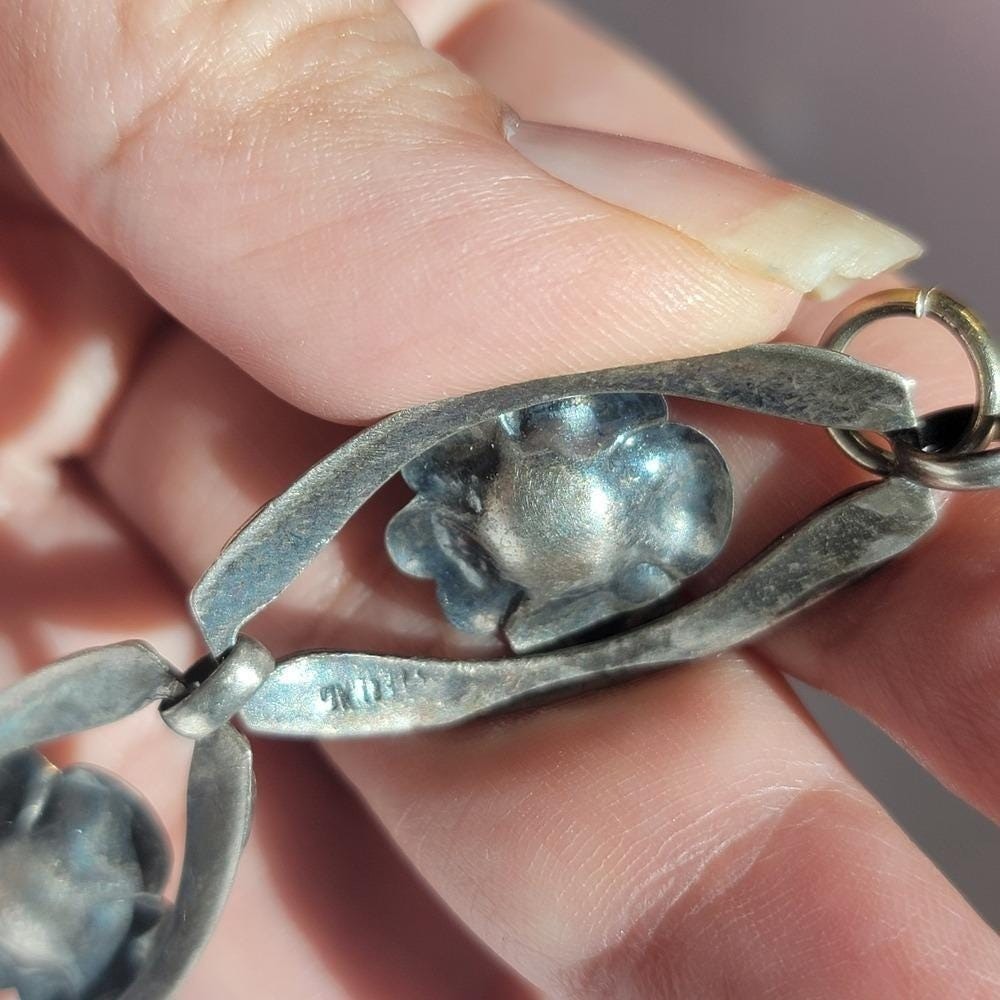 Vintage Sterling Silver Rose Link Bracelet 925 Floral 7″