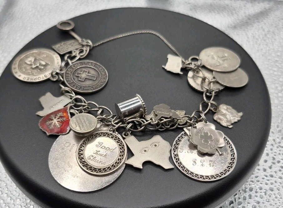 Vintage Sterling Silver LOVE Charm Bracelet w/ 23 RARE Charms 7–Dates 40’s-60’s